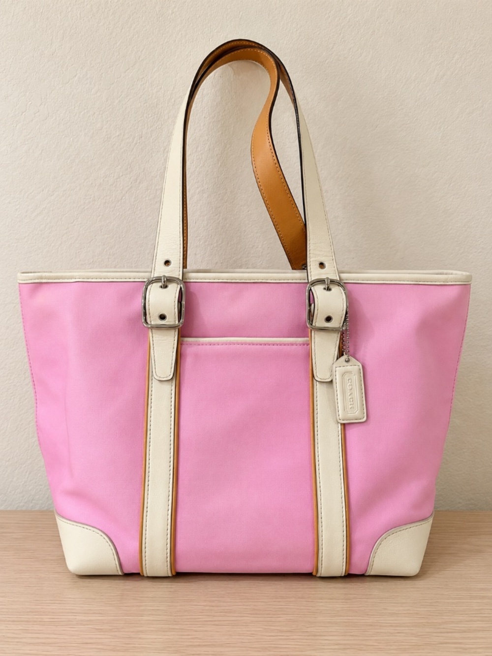 Coach Hamptons 7740 Pink Canvas Ivory Leather Trim Buckle Shoulder Tote Y2K